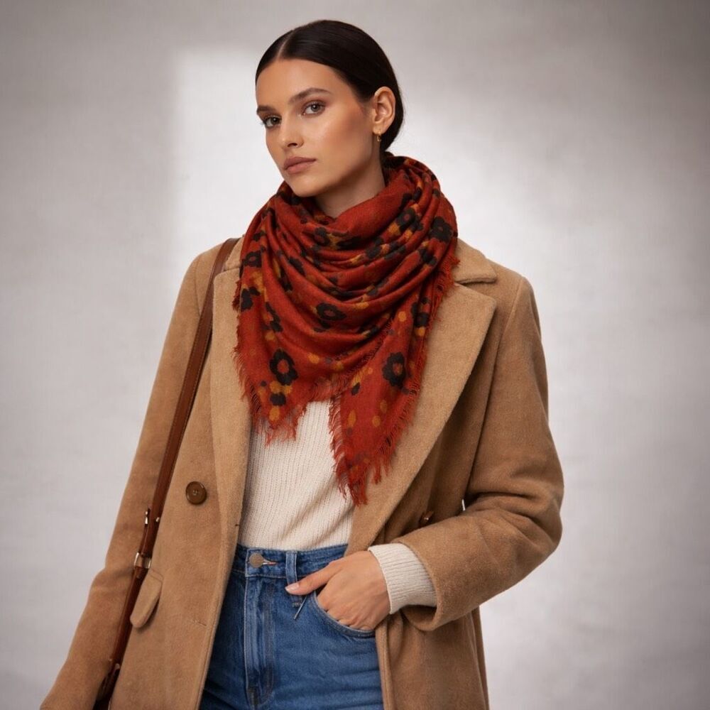 Madewell Feline Floral Jacquard Scarf 44” Rust Leopard Wrap